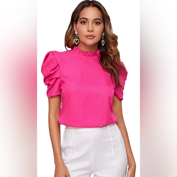 COPY - Milumia Women Mock Neck Puff Sleeve Chiffon Blouse Frilled Neck - LARGE - Picture 1 of 10